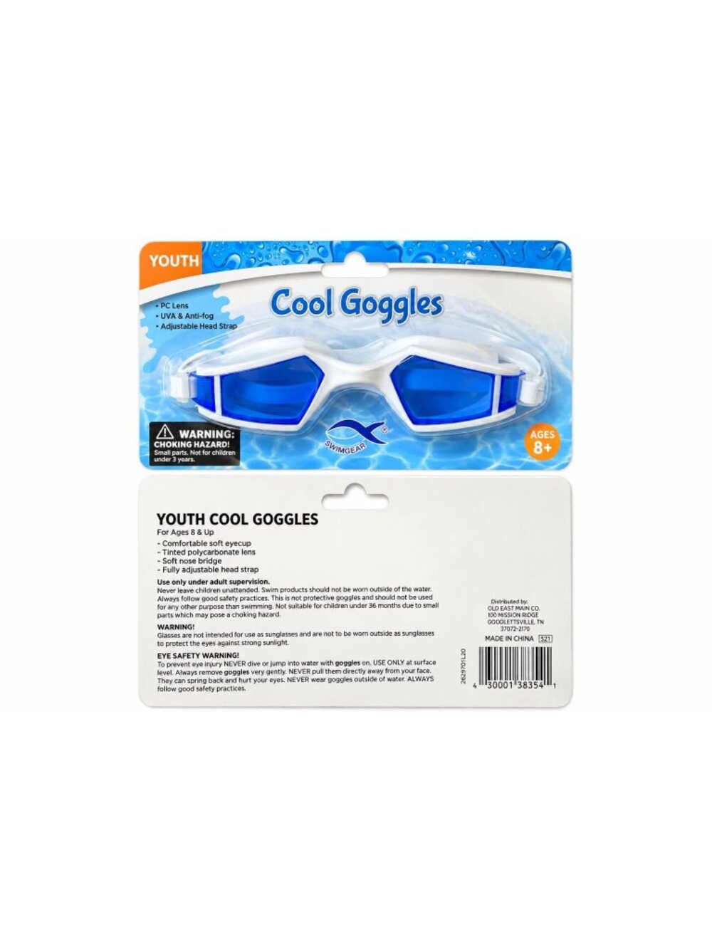 Youth Cool Swimming Goggles Blue and White Anti Fog Adjustable Strap Ages 8 Plus